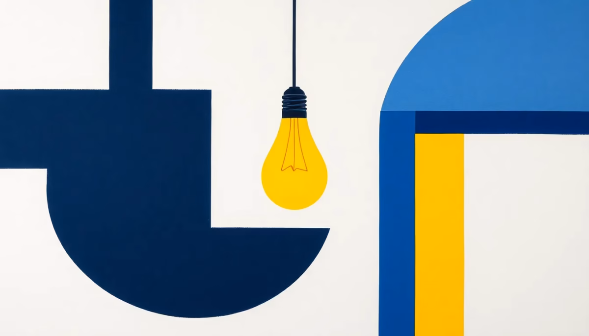 Suprematist abstract painting by Kazimir Malevich featuring an illuminated light bulb with connected nodes and sound waves. Minimalist composition of bold navy blue and vibrant yellow geometric shapes on a stark white background. Flat textures, sharp edges, avant-garde electrical concept. ##no humans##, ##no text##.