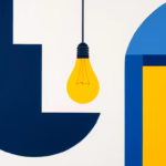 Suprematist abstract painting by Kazimir Malevich featuring an illuminated light bulb with connected nodes and sound waves. Minimalist composition of bold navy blue and vibrant yellow geometric shapes on a stark white background. Flat textures, sharp edges, avant-garde electrical concept. ##no humans##, ##no text##.