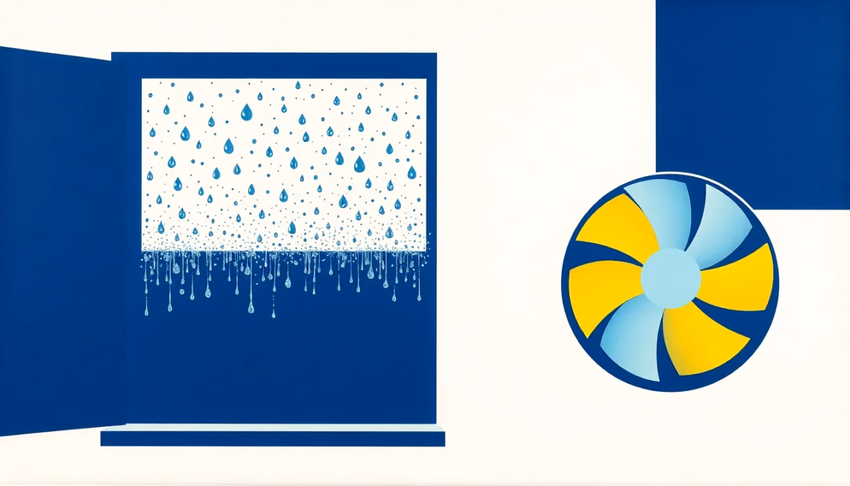 Suprematist abstract painting in the style of Kazimir Malevich featuring a large window covered with geometric condensation droplets beside a bold ventilation fan shape. Minimalist composition of bold navy blue and vibrant yellow geometric shapes on a stark white background. Flat textures, sharp edges, avant-garde concept. No humans, no text overlays.