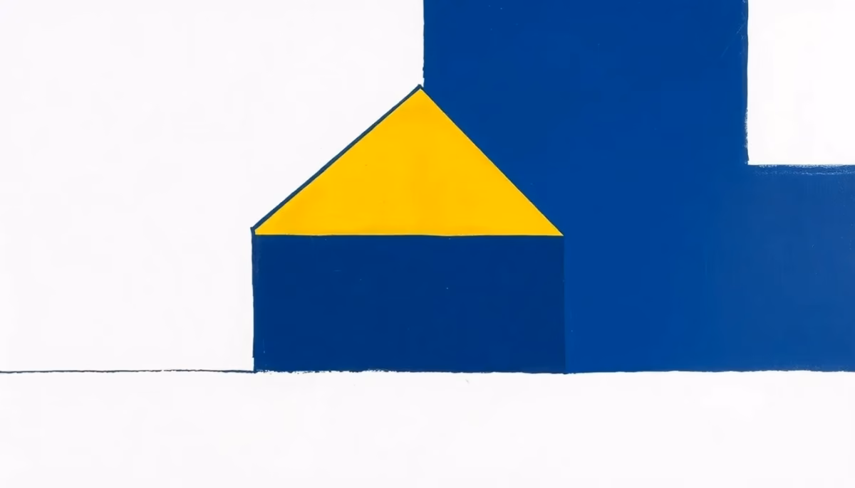 Suprematist abstract painting by Kazimir Malevich featuring a simple house silhouette with a water drop and a lightning bolt. Minimalist composition of bold navy blue and vibrant yellow geometric shapes on a stark white background. Flat textures, sharp edges, avant-garde electrical concept. No humans, no text.