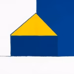 Suprematist abstract painting by Kazimir Malevich featuring a simple house silhouette with a water drop and a lightning bolt. Minimalist composition of bold navy blue and vibrant yellow geometric shapes on a stark white background. Flat textures, sharp edges, avant-garde electrical concept. No humans, no text.