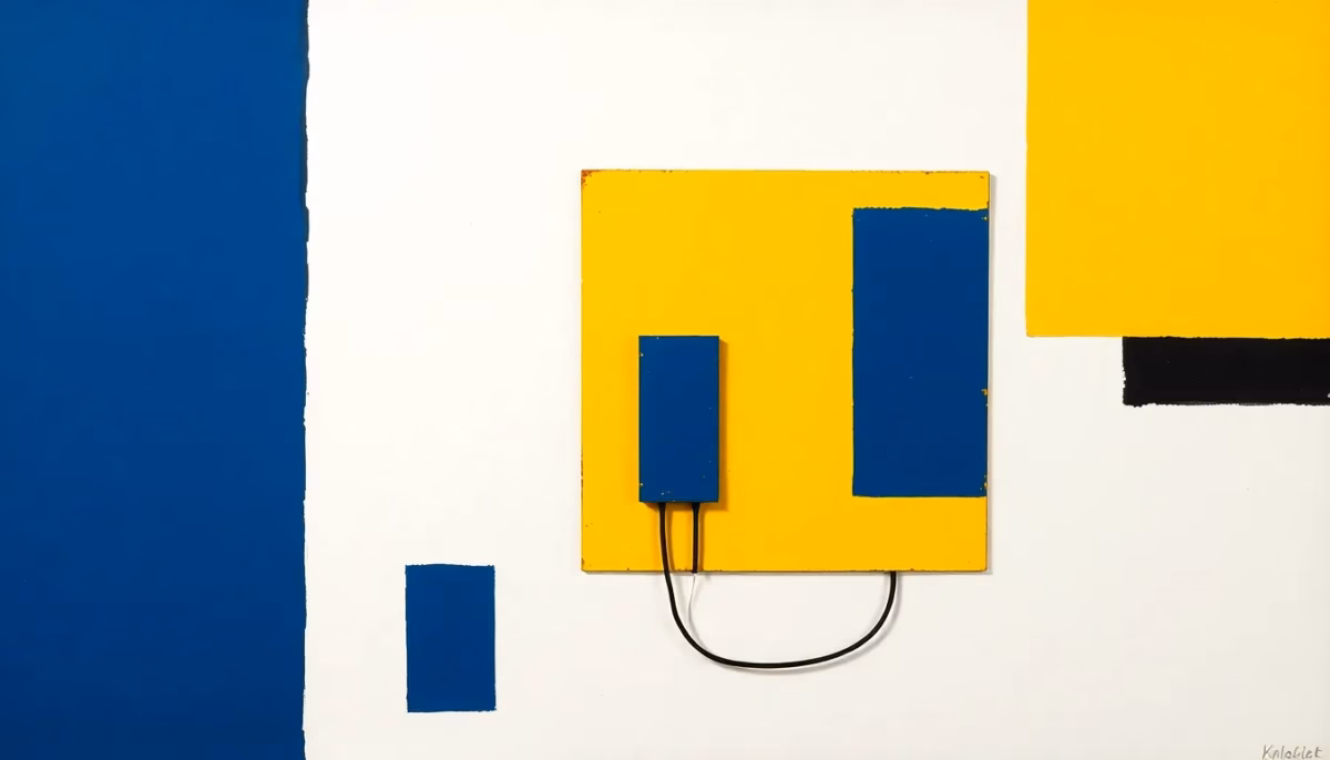 Suprematist abstract painting by Kazimir Malevich featuring a fused electrical panel. Minimalist composition of bold navy blue and vibrant yellow geometric shapes on a stark white background. Flat textures, sharp edges, avant-garde electrical concept. ##no humans##, ##no text##.