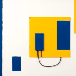 Suprematist abstract painting by Kazimir Malevich featuring a fused electrical panel. Minimalist composition of bold navy blue and vibrant yellow geometric shapes on a stark white background. Flat textures, sharp edges, avant-garde electrical concept. ##no humans##, ##no text##.