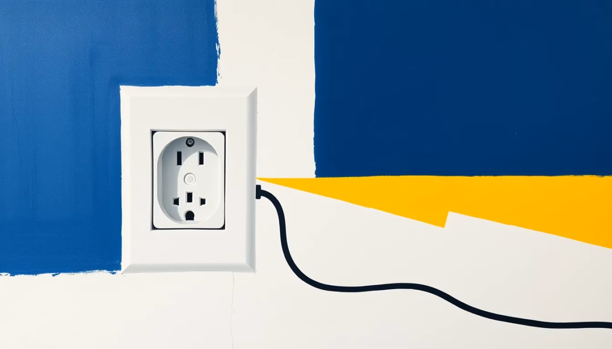A photorealistic image of a professional electrician's hand using a non-contact voltage tester near an electrical panel in a dimly lit room at evening time. The scene is focused on the tools and electrical equipment, with a subtle warm ambient light. In the background, a blurred view of a typical French rural house interior. The image conveys safety, expertise and urgency. No text overlay, no human face visible.