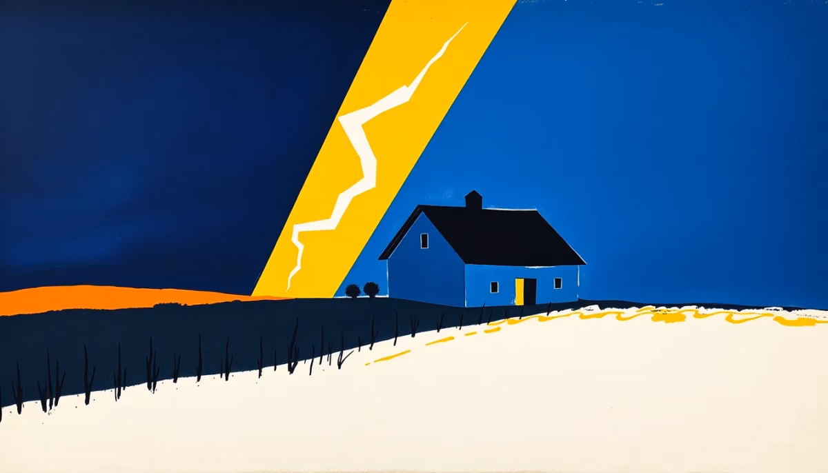 Suprematist abstract painting by Kazimir Malevich featuring a lightning bolt striking a rural farmhouse silhouette. Minimalist composition of bold navy blue and vibrant yellow geometric shapes on a stark white background. Flat textures, sharp edges, avant-garde electrical concept. No humans, no text.