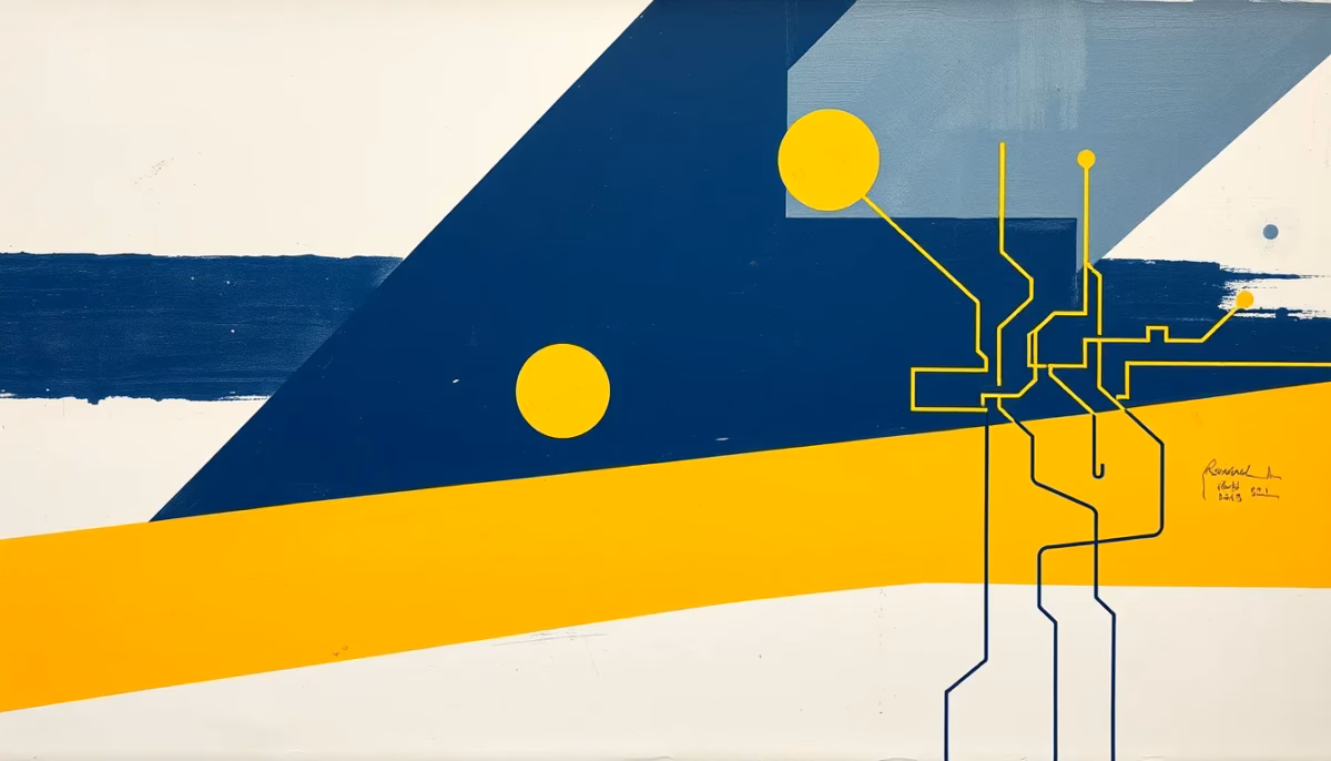 Suprematist abstract painting by Kazimir Malevich featuring mold spores and electrical circuits intertwined. Minimalist composition of bold navy blue and vibrant yellow geometric shapes on a stark white background. Flat textures, sharp edges, avant-garde electrical concept. Depict a dehumidifier device subtly integrated into the shapes, with moisture droplets and clean air flowing. No humans, no text overlay.