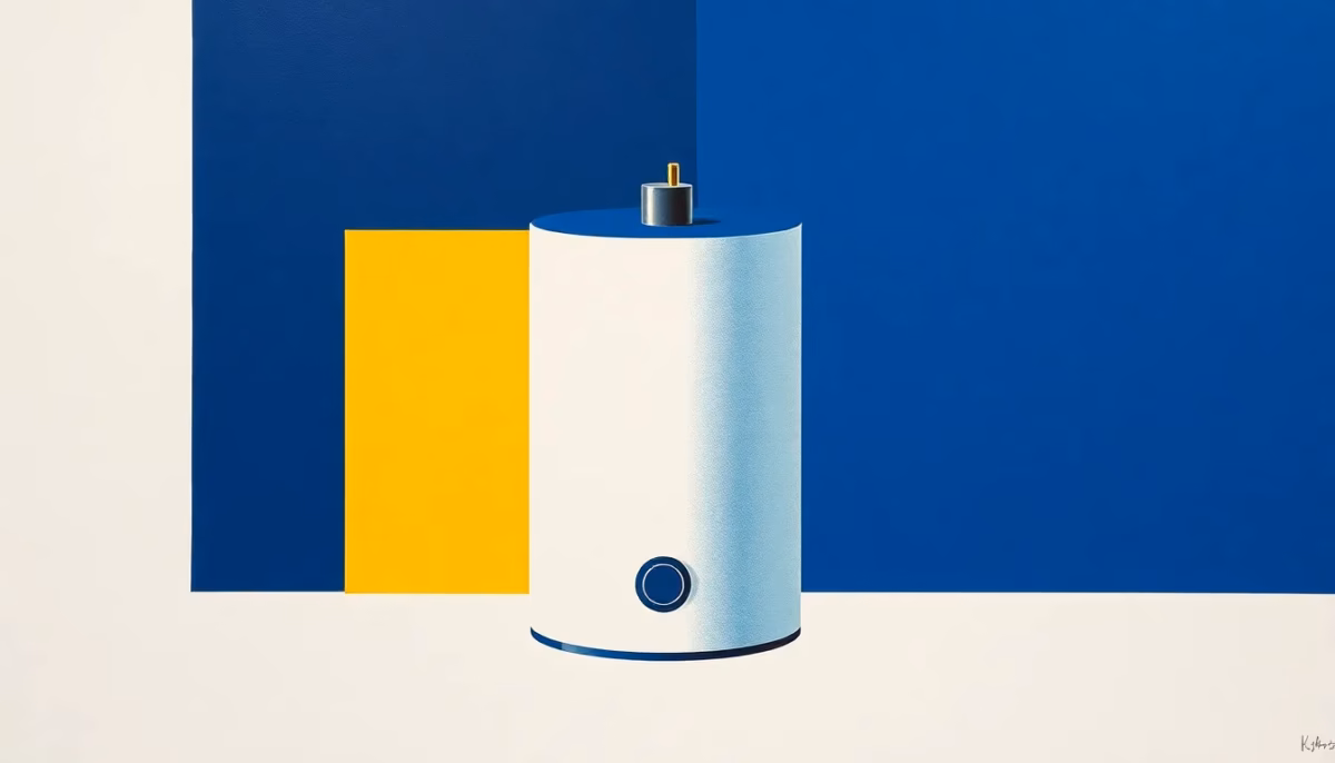 Suprematist abstract painting inspired by Kazimir Malevich featuring a cylindrical water heater tank with geometric calcareous deposits and a heating resistance rod. Minimalist composition of bold navy blue and vibrant yellow geometric shapes on a stark white background. Flat textures, sharp edges, avant-garde electrical concept. No humans, no text overlay.