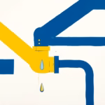 A detailed product photo of a Govee water leak detector placed on a kitchen floor under a sink. The detector is a small white device with two metal sensors on the bottom. The background is a modern, slightly blurred kitchen with wooden cabinets. The scene is brightly lit to emphasize the device, which serves as a preventive tool against water damage. No text or humans in the image.