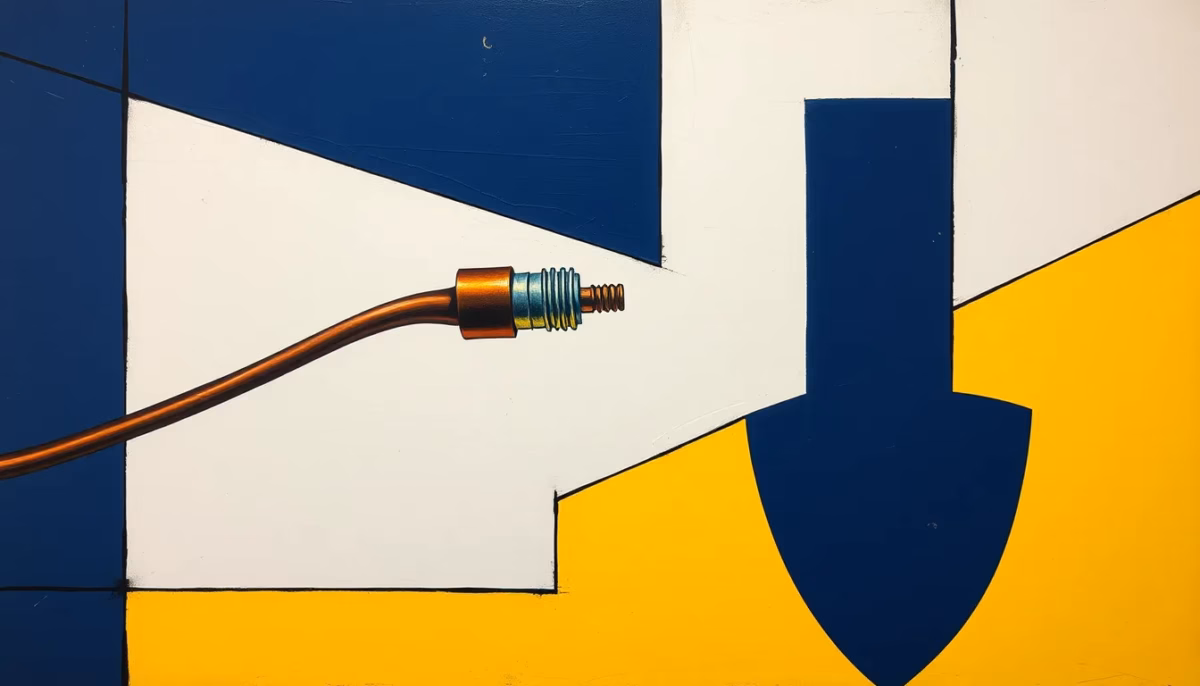 Suprematist abstract painting by Kazimir Malevich featuring a fragmented copper cable and a protective shield. Minimalist composition of bold navy blue and vibrant yellow geometric shapes on a stark white background. Flat textures, sharp edges, avant-garde electrical concept. ##no humans##, ##no text##.