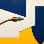 Suprematist abstract painting by Kazimir Malevich featuring a fragmented copper cable and a protective shield. Minimalist composition of bold navy blue and vibrant yellow geometric shapes on a stark white background. Flat textures, sharp edges, avant-garde electrical concept. ##no humans##, ##no text##.