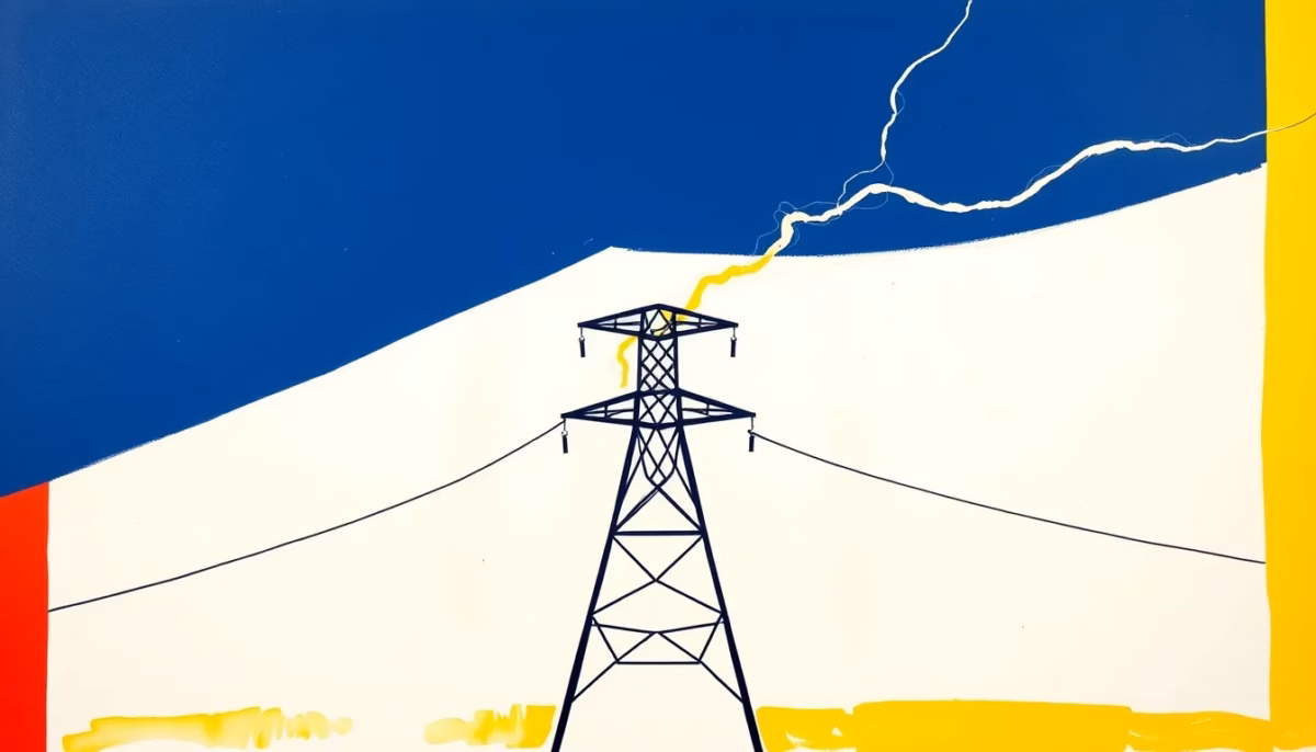 Suprematist abstract painting by Kazimir Malevich featuring an electrical pylon and spark. Minimalist composition of bold navy blue and vibrant yellow geometric shapes on a stark white background. Flat textures, sharp edges, avant-garde electrical concept. No humans, no text.