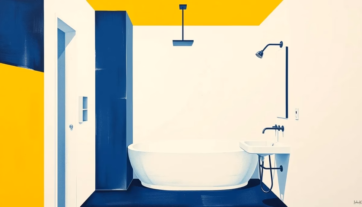 Suprematist abstract painting by Kazimir Malevich featuring a modern bathroom with clean geometric fixtures and a shower. Minimalist composition of bold navy blue and vibrant yellow geometric shapes on a stark white background. Flat textures, sharp edges, avant-garde electrical concept. no humans, no text.