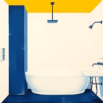 Suprematist abstract painting by Kazimir Malevich featuring a modern bathroom with clean geometric fixtures and a shower. Minimalist composition of bold navy blue and vibrant yellow geometric shapes on a stark white background. Flat textures, sharp edges, avant-garde electrical concept. no humans, no text.