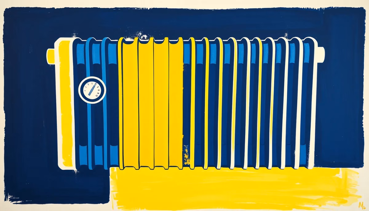 Suprematist abstract painting by Kazimir Malevich featuring a functioning radiator with glowing vertical lines and a thermostat dial. Minimalist composition of bold navy blue and vibrant yellow geometric shapes on a stark white background. Flat textures, sharp edges, avant-garde electrical concept. no humans, no text.