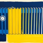Suprematist abstract painting by Kazimir Malevich featuring a functioning radiator with glowing vertical lines and a thermostat dial. Minimalist composition of bold navy blue and vibrant yellow geometric shapes on a stark white background. Flat textures, sharp edges, avant-garde electrical concept. no humans, no text.