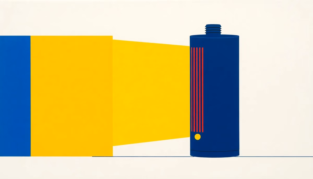 Suprematist abstract painting by Kazimir Malevich featuring a vertical water heater cylinder with rising heat waves. Minimalist composition of bold navy blue and vibrant yellow geometric shapes on a stark white background. Flat textures, sharp edges, avant-garde electrical concept. ##no humans##, ##no text##.