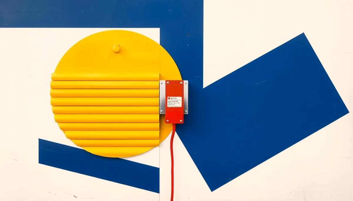 Suprematist abstract painting by Kazimir Malevich featuring a stylized rolling shutter mechanism with a red emergency release cord. Minimalist composition of bold navy blue and vibrant yellow geometric shapes on a stark white background. Flat textures, sharp edges, avant-garde electrical concept. No humans, no text.