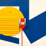 Suprematist abstract painting by Kazimir Malevich featuring a stylized rolling shutter mechanism with a red emergency release cord. Minimalist composition of bold navy blue and vibrant yellow geometric shapes on a stark white background. Flat textures, sharp edges, avant-garde electrical concept. No humans, no text.