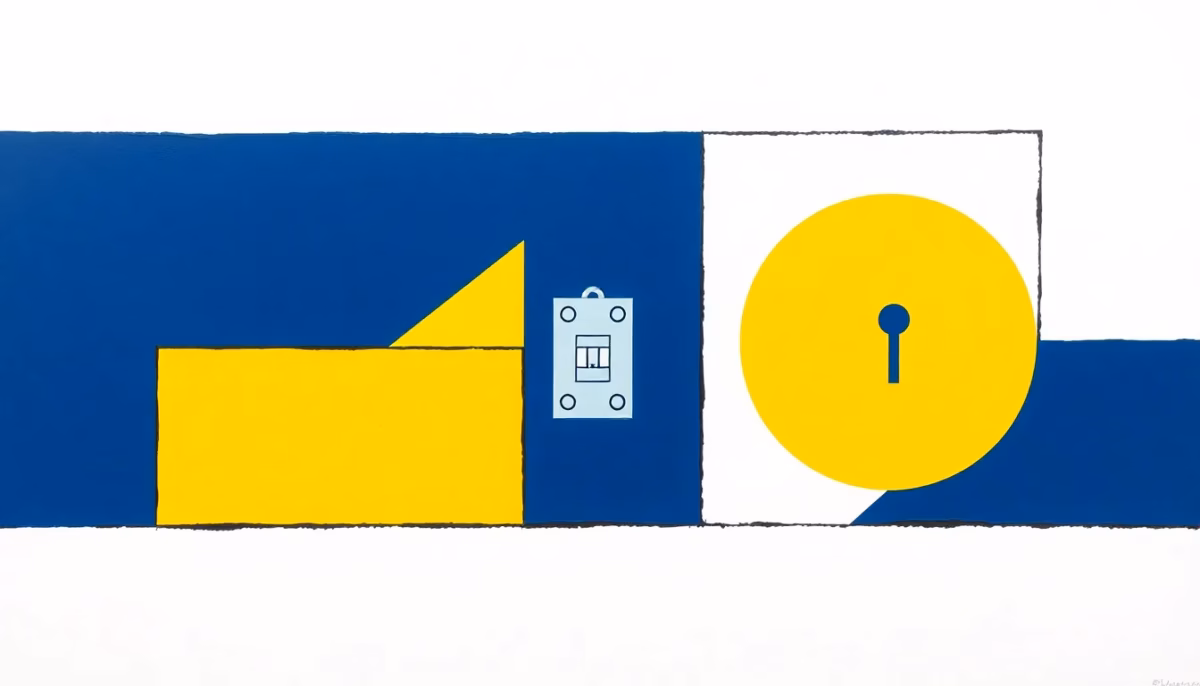 Suprematist abstract painting by Kazimir Malevich featuring a schematic electric circuit with a circuit breaker symbol. Minimalist composition of bold navy blue and vibrant yellow geometric shapes on a stark white background. Flat textures, sharp edges, avant-garde electrical concept. No humans, no text.