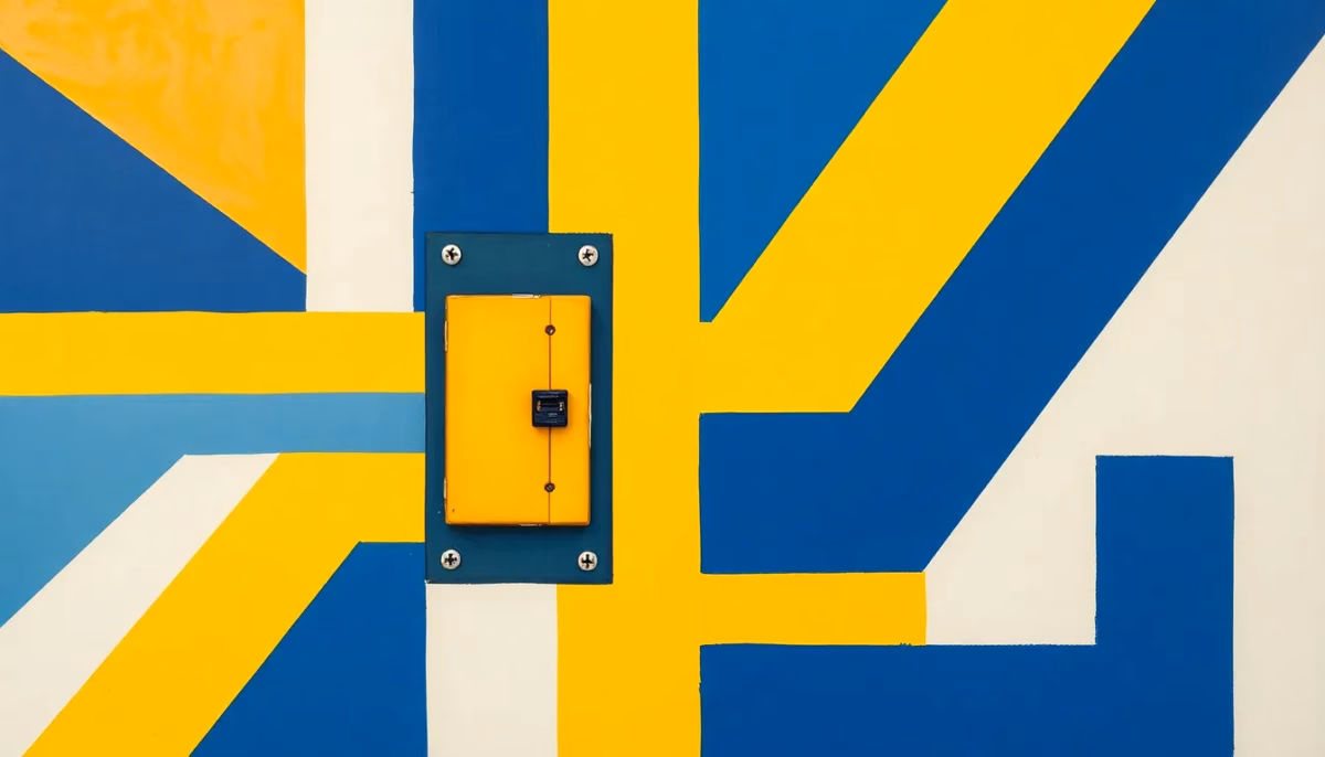 Suprematist abstract painting by Kazimir Malevich featuring an electrical circuit breaker and a fuse box. Minimalist composition of bold navy blue and vibrant yellow geometric shapes on a stark white background. Flat textures, sharp edges, avant-garde electrical concept. No humans, no text.