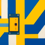Suprematist abstract painting by Kazimir Malevich featuring an electrical circuit breaker and a fuse box. Minimalist composition of bold navy blue and vibrant yellow geometric shapes on a stark white background. Flat textures, sharp edges, avant-garde electrical concept. No humans, no text.
