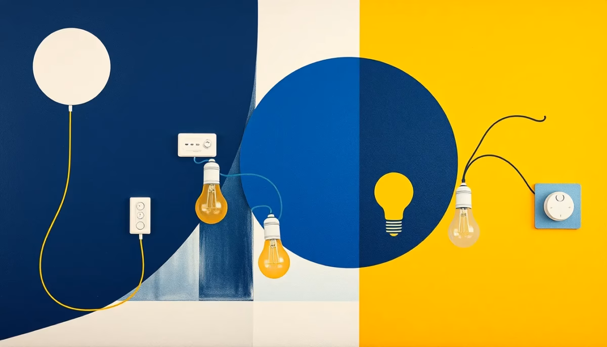 Suprematist abstract painting by Kazimir Malevich featuring a smart home network with connected sensors and light bulbs. Minimalist composition of bold navy blue and vibrant yellow geometric shapes on a stark white background. Flat textures, sharp edges, avant-garde electrical concept. ##no humans##, ##no text##.