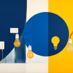 Suprematist abstract painting by Kazimir Malevich featuring a smart home network with connected sensors and light bulbs. Minimalist composition of bold navy blue and vibrant yellow geometric shapes on a stark white background. Flat textures, sharp edges, avant-garde electrical concept. ##no humans##, ##no text##.