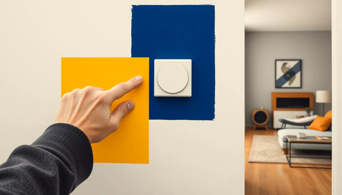 Suprematist abstract painting by Kazimir Malevich featuring an elderly person's hand pressing a large, simple physical button on a wall panel next to a cozy home interior. Minimalist composition of bold navy blue and vibrant yellow geometric shapes on a stark white background. Flat textures, sharp edges, avant-garde electrical concept. No human figures, no text overlay.