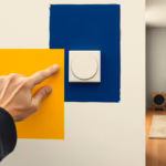 Suprematist abstract painting by Kazimir Malevich featuring an elderly person's hand pressing a large, simple physical button on a wall panel next to a cozy home interior. Minimalist composition of bold navy blue and vibrant yellow geometric shapes on a stark white background. Flat textures, sharp edges, avant-garde electrical concept. No human figures, no text overlay.