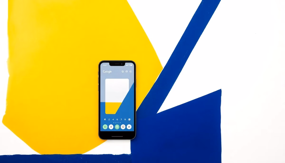 Suprematist abstract painting by Kazimir Malevich featuring a smartphone controlling home automation (heating and shutters), with subtle elements suggesting an energy-efficient home. Minimalist composition of bold navy blue and vibrant yellow geometric shapes on a stark white background, including stylized radiator and window shutter elements. Flat textures, sharp edges, avant-garde electrical concept. ##no humans##, ##no text##.
