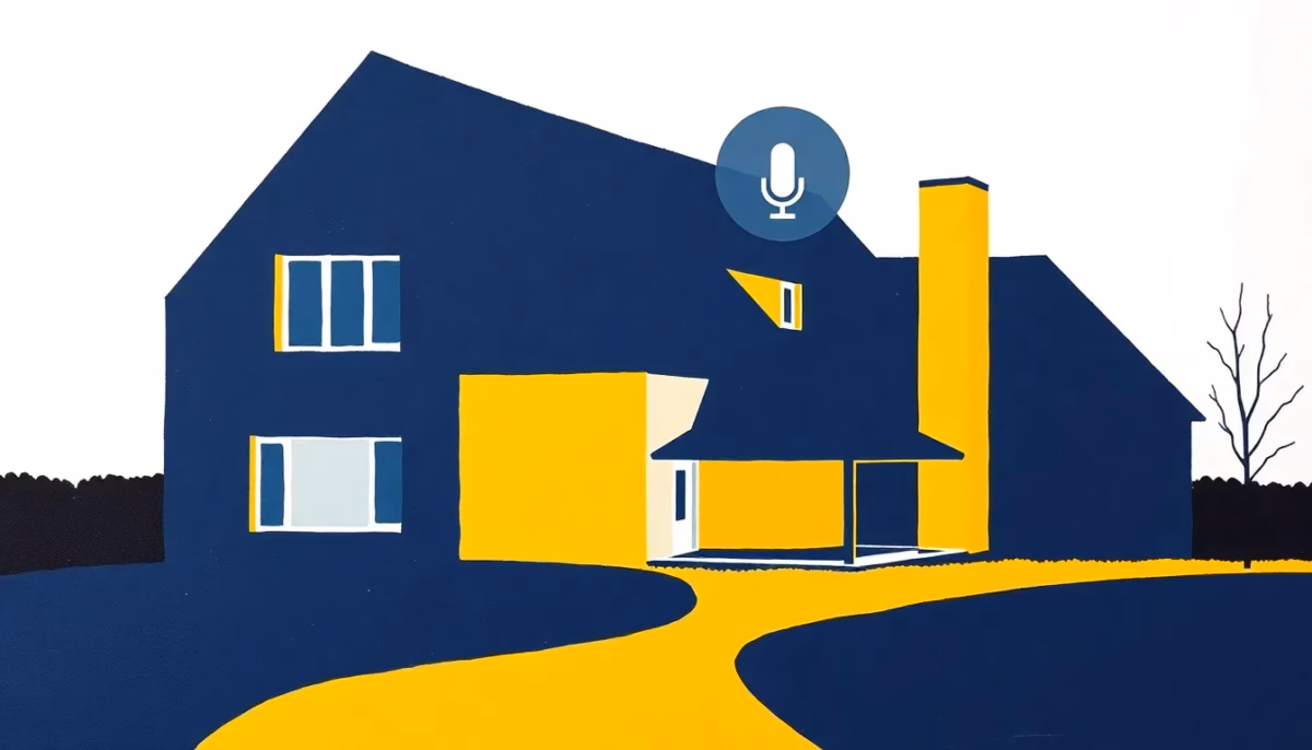 Suprematist abstract painting by Kazimir Malevich featuring a modern rural French house with smart home automation elements. Minimalist composition of bold navy blue and vibrant yellow geometric shapes on a stark white background. Flat textures, sharp edges, avant-garde electrical concept with floating voice command icons. ##no humans##, ##no text##.