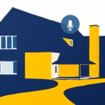 Suprematist abstract painting by Kazimir Malevich featuring a modern rural French house with smart home automation elements. Minimalist composition of bold navy blue and vibrant yellow geometric shapes on a stark white background. Flat textures, sharp edges, avant-garde electrical concept with floating voice command icons. ##no humans##, ##no text##.