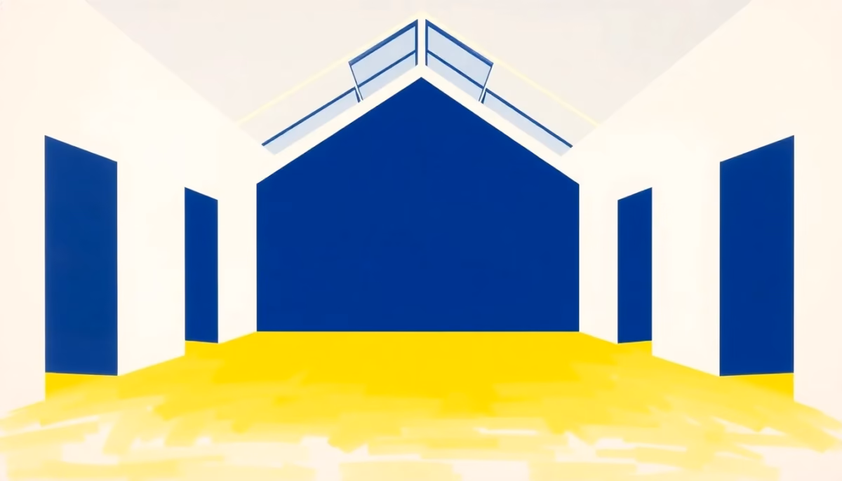 Suprematist abstract painting by Kazimir Malevich featuring a stark white grange interior with a large angular skylight. Minimalist composition of bold navy blue and vibrant yellow geometric shapes representing light beams and structural beams on a stark white background. Flat textures, sharp edges, avant-garde electrical concept. No humans, no text.