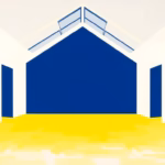 Suprematist abstract painting by Kazimir Malevich featuring a stark white grange interior with a large angular skylight. Minimalist composition of bold navy blue and vibrant yellow geometric shapes representing light beams and structural beams on a stark white background. Flat textures, sharp edges, avant-garde electrical concept. No humans, no text.