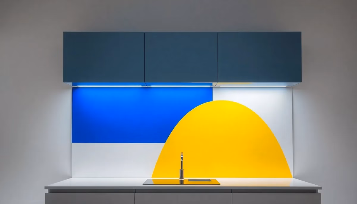 Suprematist abstract painting inspired by Kazimir Malevich depicting a kitchen countertop brightly illuminated by an LED light strip mounted beneath floating upper cabinets. Minimalist composition of bold navy blue and vibrant yellow geometric shapes on a stark white background. Flat textures, sharp edges, avant-garde electrical concept, no humans, no text.