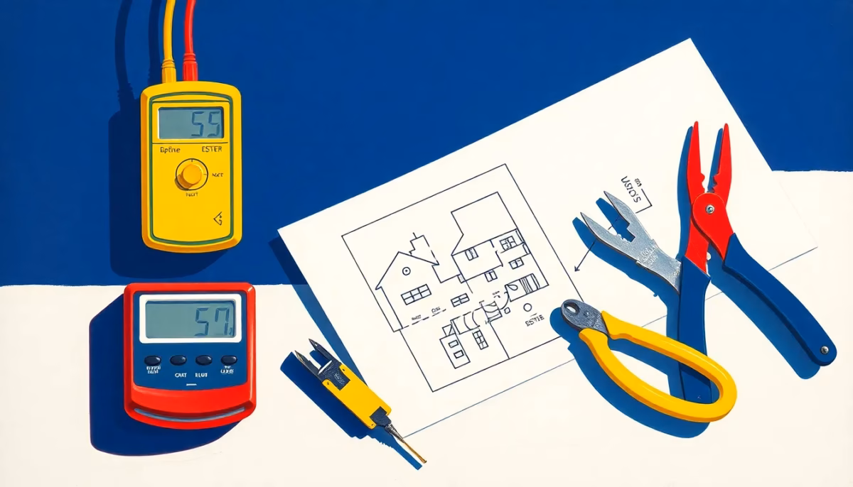 A professional electrician standing in a renovated modern kitchen, holding a multimeter or voltage tester, smiling confidently. The kitchen has new cabinets and appliances. The scene conveys professionalism, safety, and expertise. Style: photorealistic. ##no humans##, ##no text##.