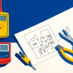 A professional electrician standing in a renovated modern kitchen, holding a multimeter or voltage tester, smiling confidently. The kitchen has new cabinets and appliances. The scene conveys professionalism, safety, and expertise. Style: photorealistic. ##no humans##, ##no text##.
