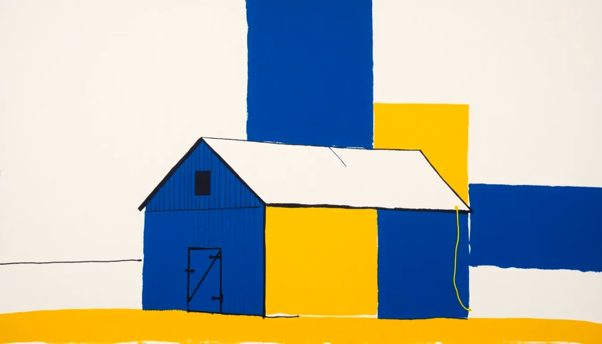 Suprematist abstract painting by Kazimir Malevich featuring a barn and electrical circuit. Minimalist composition of bold navy blue and vibrant yellow geometric shapes on a stark white background. Flat textures, sharp edges, avant-garde electrical concept. ##no humans##, ##no text##.