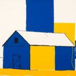 Suprematist abstract painting by Kazimir Malevich featuring a barn and electrical circuit. Minimalist composition of bold navy blue and vibrant yellow geometric shapes on a stark white background. Flat textures, sharp edges, avant-garde electrical concept. ##no humans##, ##no text##.