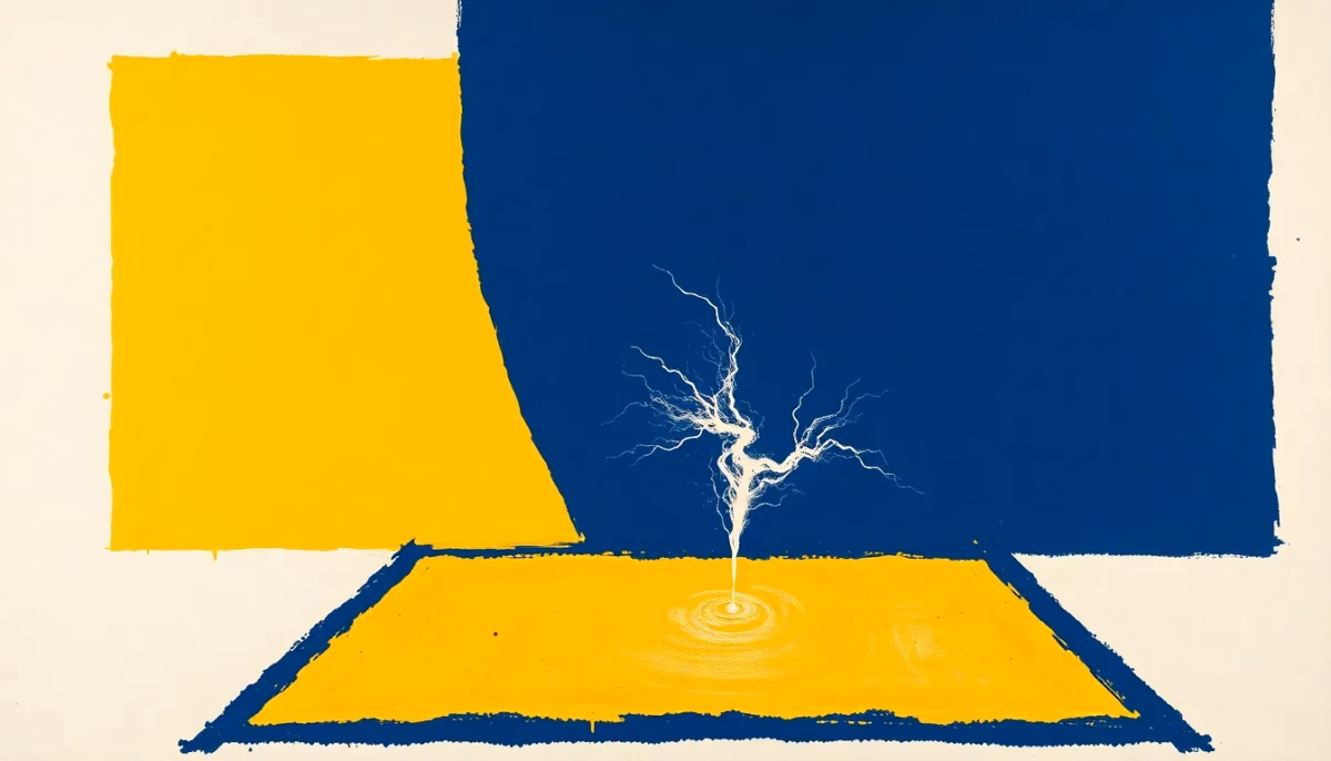Suprematist abstract painting by Kazimir Malevich featuring an electrical spark or static discharge on a rug. Minimalist composition of bold navy blue and vibrant yellow geometric shapes on a stark white background. Flat textures, sharp edges, avant-garde electrical concept. ##no humans##, ##no text##.