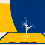 Suprematist abstract painting by Kazimir Malevich featuring an electrical spark or static discharge on a rug. Minimalist composition of bold navy blue and vibrant yellow geometric shapes on a stark white background. Flat textures, sharp edges, avant-garde electrical concept. ##no humans##, ##no text##.