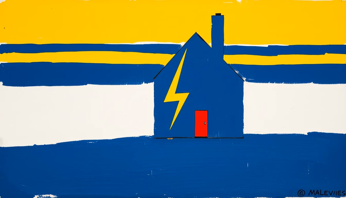 Suprematist abstract painting by Kazimir Malevich featuring a tiny house with a lightning bolt. Minimalist composition of bold navy blue and vibrant yellow geometric shapes on a stark white background. Flat textures, sharp edges, avant-garde electrical concept. No humans, no text.