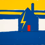 Suprematist abstract painting by Kazimir Malevich featuring a tiny house with a lightning bolt. Minimalist composition of bold navy blue and vibrant yellow geometric shapes on a stark white background. Flat textures, sharp edges, avant-garde electrical concept. No humans, no text.
