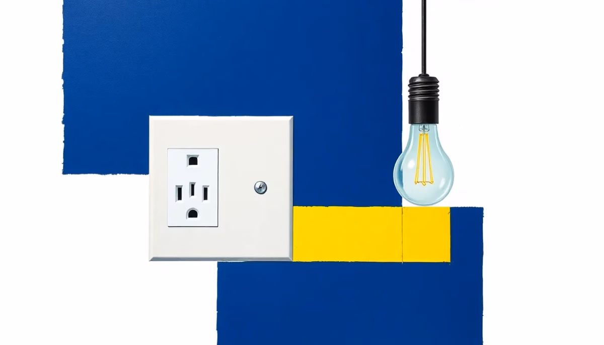 Suprematist abstract painting by Kazimir Malevich featuring an electrical outlet and a light bulb. Minimalist composition of bold navy blue and vibrant yellow geometric shapes on a stark white background. Flat textures, sharp edges, avant-garde electrical concept. No humans, no text.