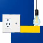 Suprematist abstract painting by Kazimir Malevich featuring an electrical outlet and a light bulb. Minimalist composition of bold navy blue and vibrant yellow geometric shapes on a stark white background. Flat textures, sharp edges, avant-garde electrical concept. No humans, no text.