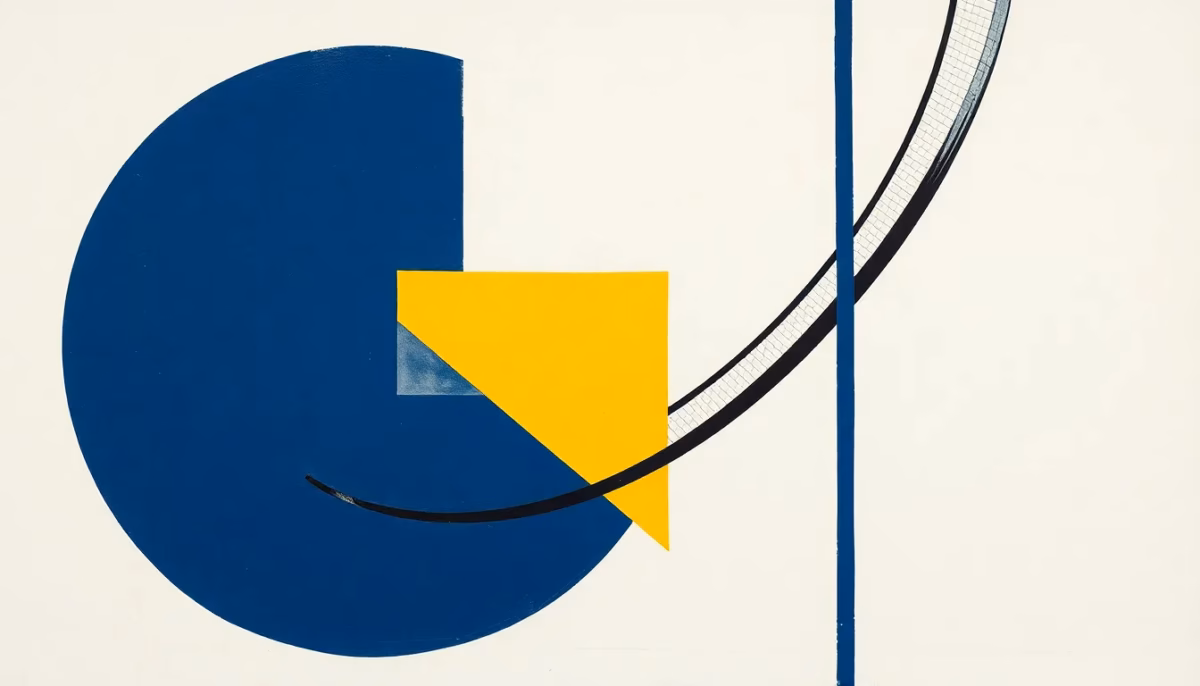 Suprematist abstract painting by Kazimir Malevich featuring buried electrical and telephone cables with warning mesh. Minimalist composition of bold navy blue and vibrant yellow geometric shapes on a stark white background. Flat textures, sharp edges, avant-garde electrical concept. ##no humans##, ##no text##.