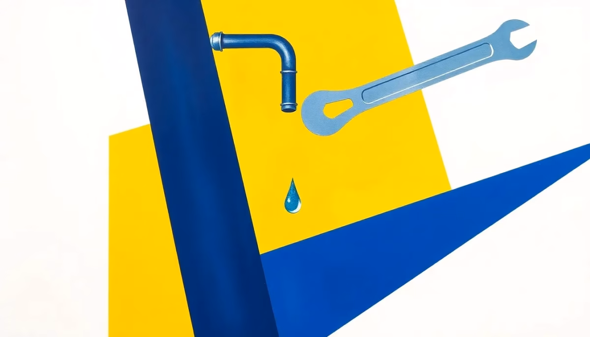 Suprematist abstract painting by Kazimir Malevich featuring a vertical water heater cylinder with a dropping water droplet and a wrench. Minimalist composition of bold navy blue and vibrant yellow geometric shapes on a stark white background. Flat textures, sharp edges, avant-garde electrical concept, high resolution, no humans, no text.