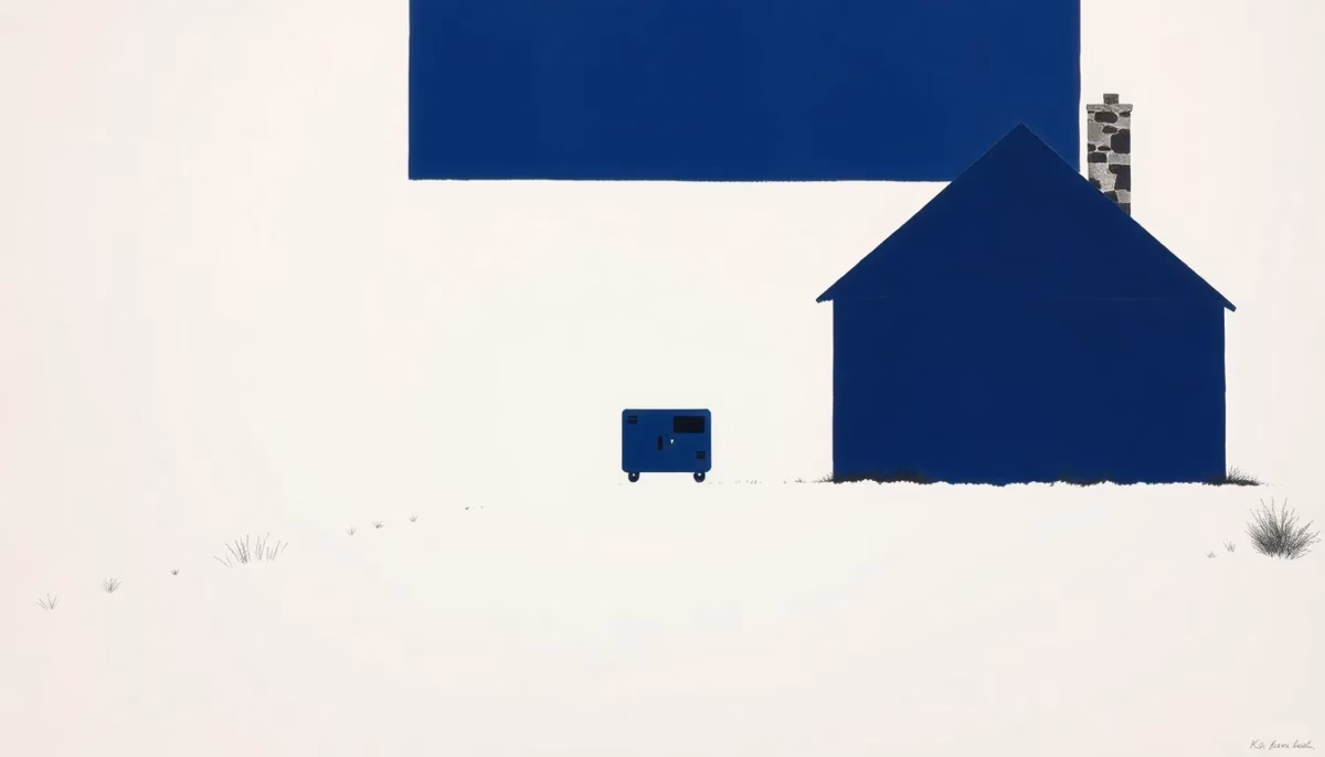 Suprematist abstract painting inspired by Kazimir Malevich, featuring a backup power generator standing beside a rural stone house. Minimalist composition of bold navy blue and vibrant yellow geometric shapes on a stark white background. Flat textures, sharp edges, avant-garde electrical concept. No humans, no text.
