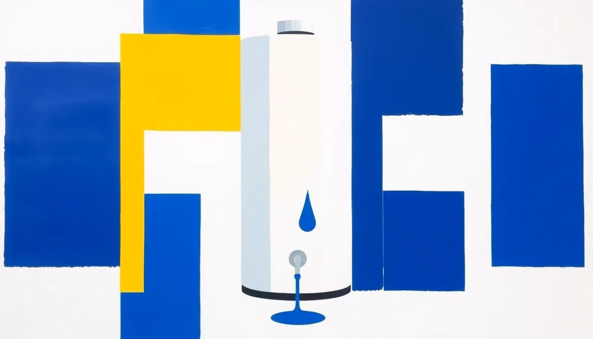 Suprematist abstract painting by Kazimir Malevich featuring a vertical hot water tank with a subtle leak indicated by a minimalist blue drip shape. Minimalist composition of bold navy blue and vibrant yellow geometric shapes on a stark white background. Flat textures, sharp edges, avant-garde electrical concept. ##no humans##, ##no text##.