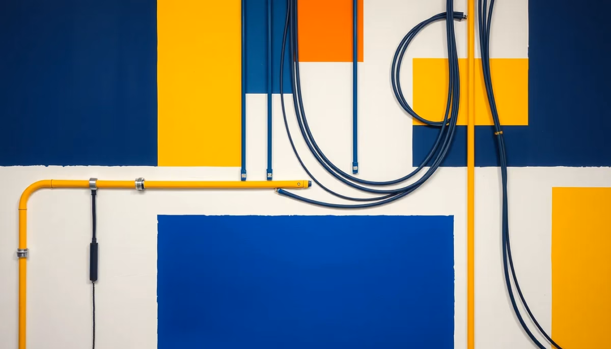 Suprematist abstract painting by Kazimir Malevich featuring neatly organized cables and conduits. Minimalist composition of bold navy blue and vibrant yellow geometric shapes on a stark white background. Flat textures, sharp edges, avant-garde electrical concept. ##no humans##, ##no text##.